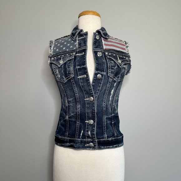 Miss Me Jackets & Blazers - Miss Me Jean Vest Womens Size Small Sequins USA Flag Distressed